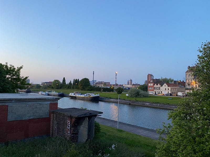 Dunkirk at twilight, showcasing its urban landscape.