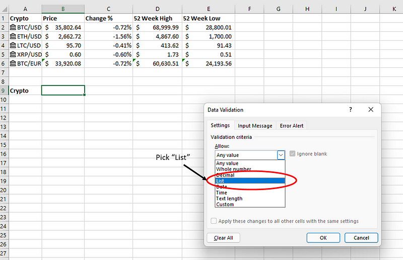 Selecting List in Data Validation Tool