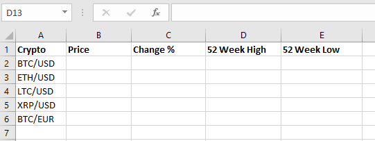 Setting Up Cryptocurrency Pairs in Excel