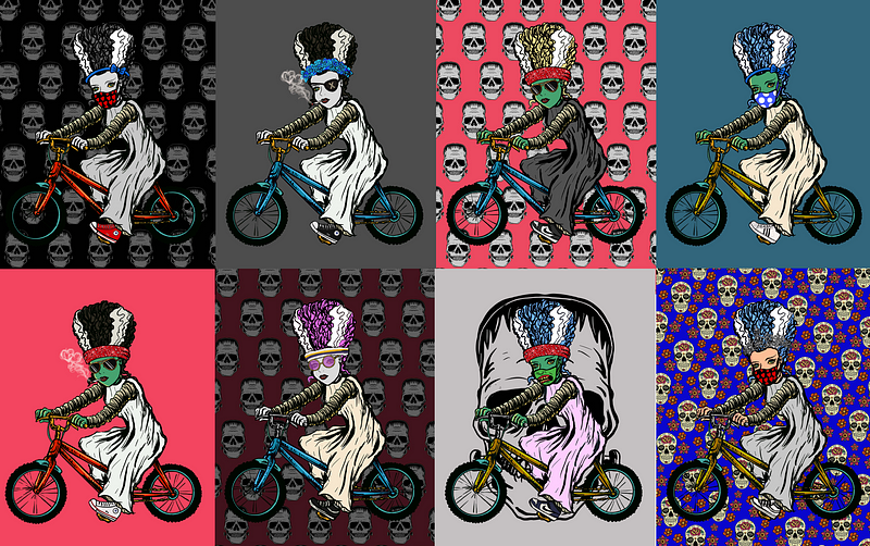 NFT concept image featuring the Bride of Frankenstein on a bicycle