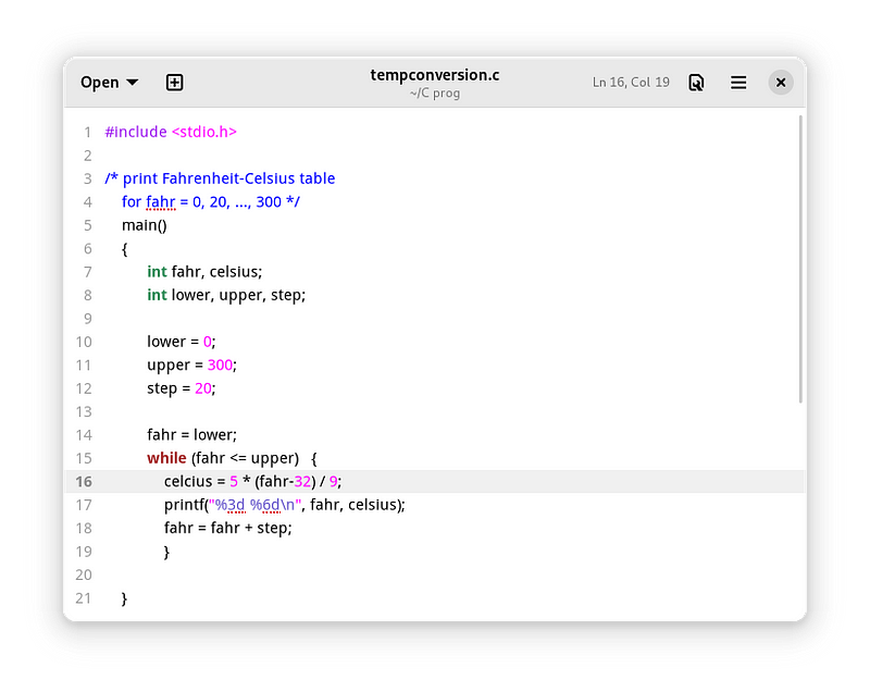 Example C program code