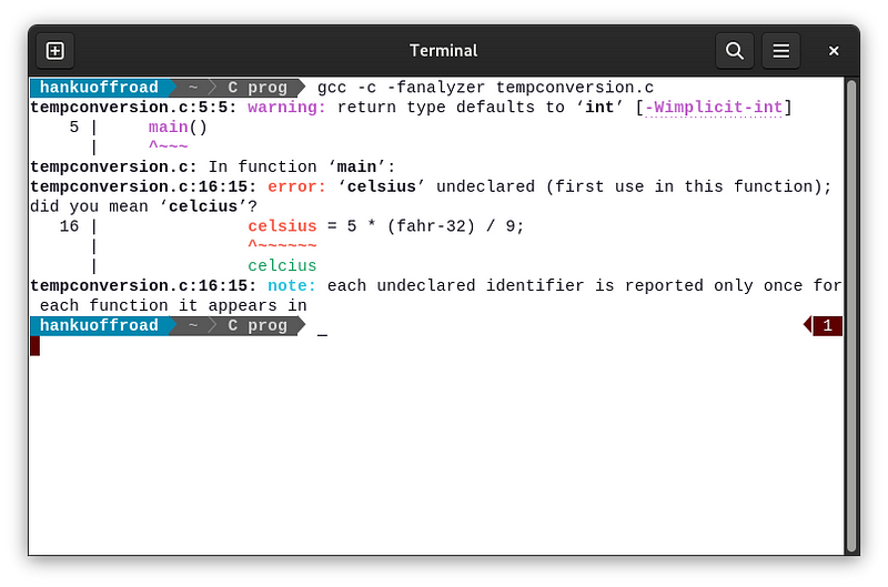 Command line showing GCC -fanalyzer usage