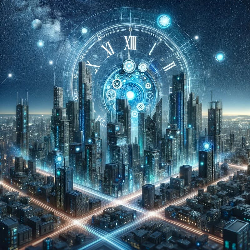 A futuristic cityscape intertwining time with architecture