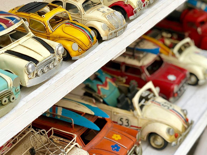 Vintage toy cars on display