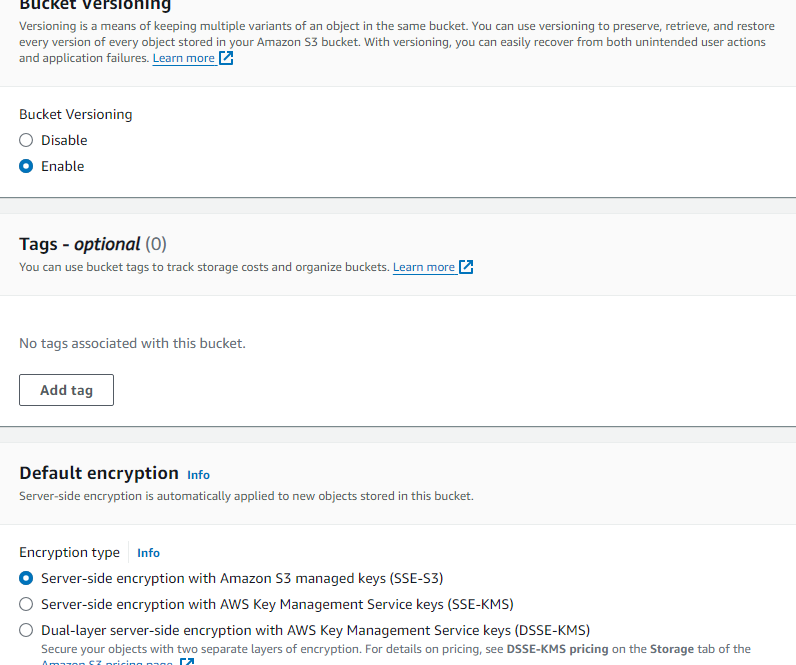 Enabling versioning and encryption for S3 bucket