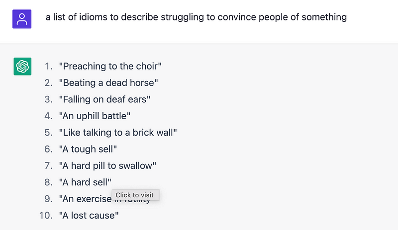 ChatGPT idiom suggestions screenshot
