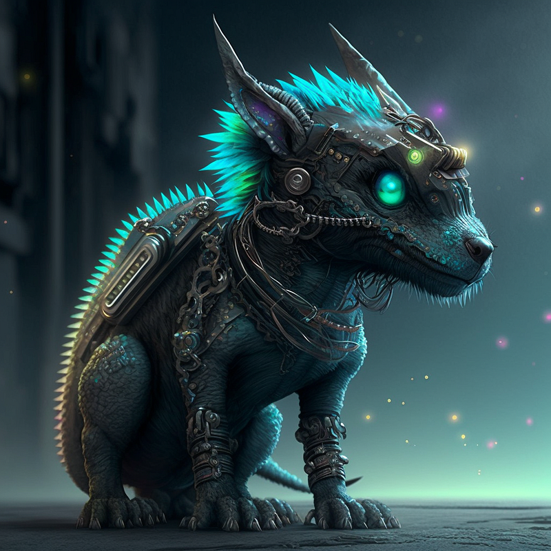 Cyberpunk dragon puppy without text weights.