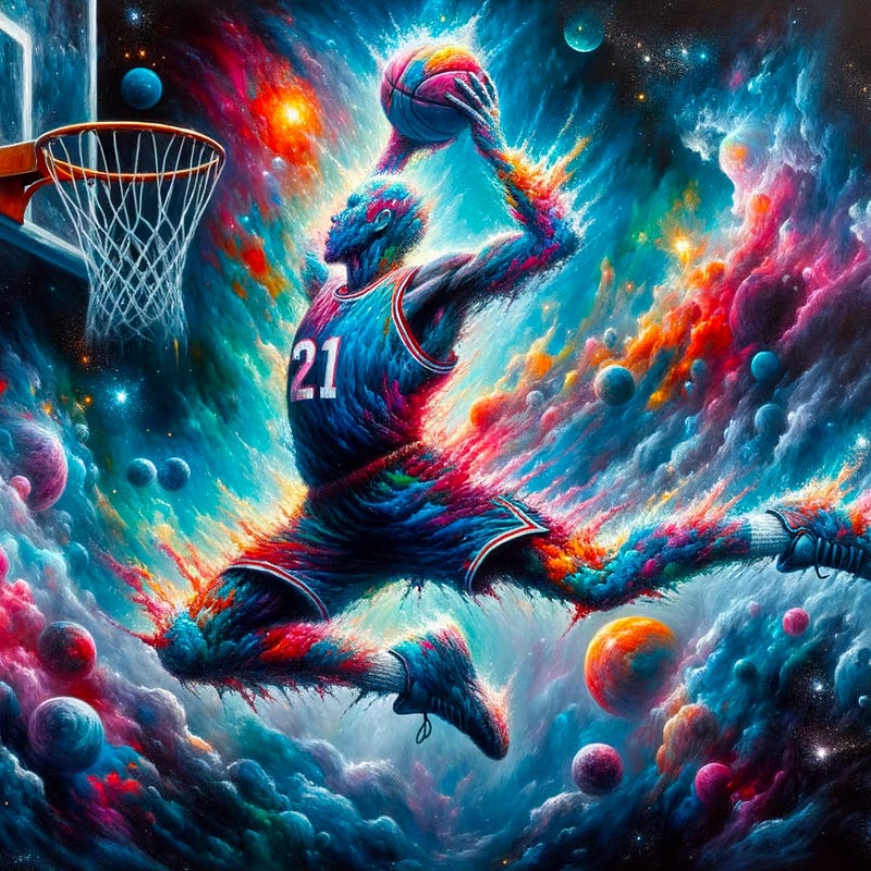 Oil painting of a basketball player dunking