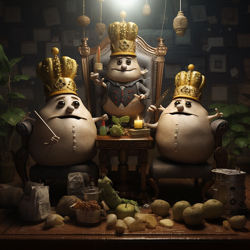 Crowned potato kings on thrones