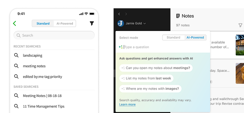 Visual representation of AI note-search features