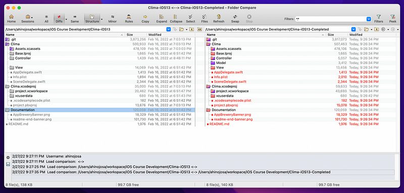 Comparing two different iOS project folders