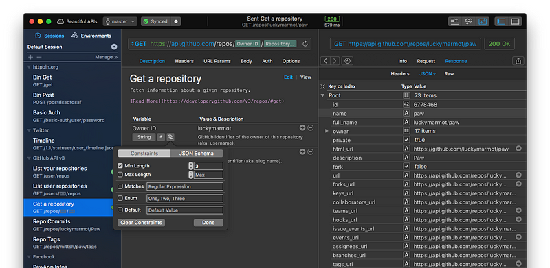 Paw's elegant user interface for API testing