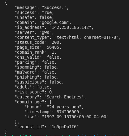 Screenshot of API response data