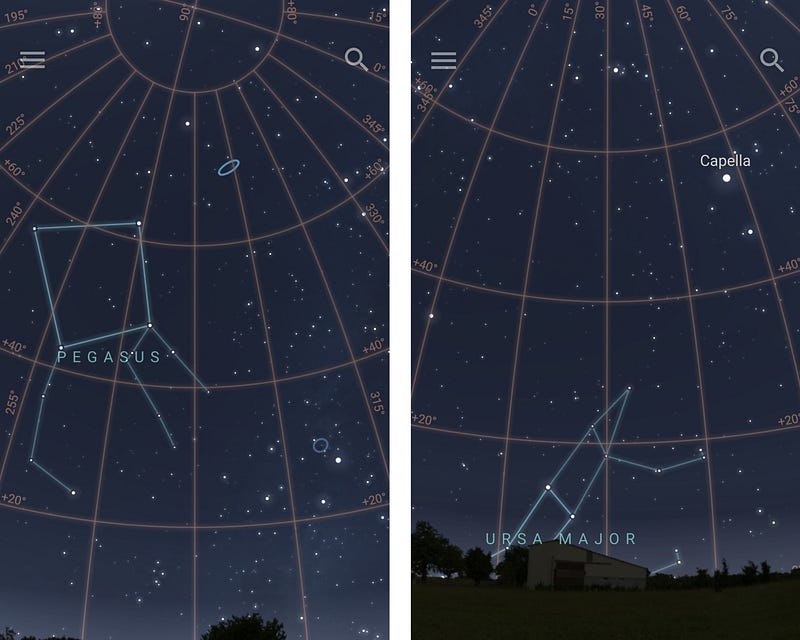 Screenshots from the Stellarium app