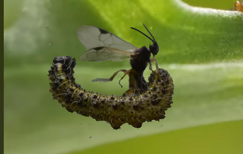 Parasitoid wasp interaction with cabbage white caterpillar