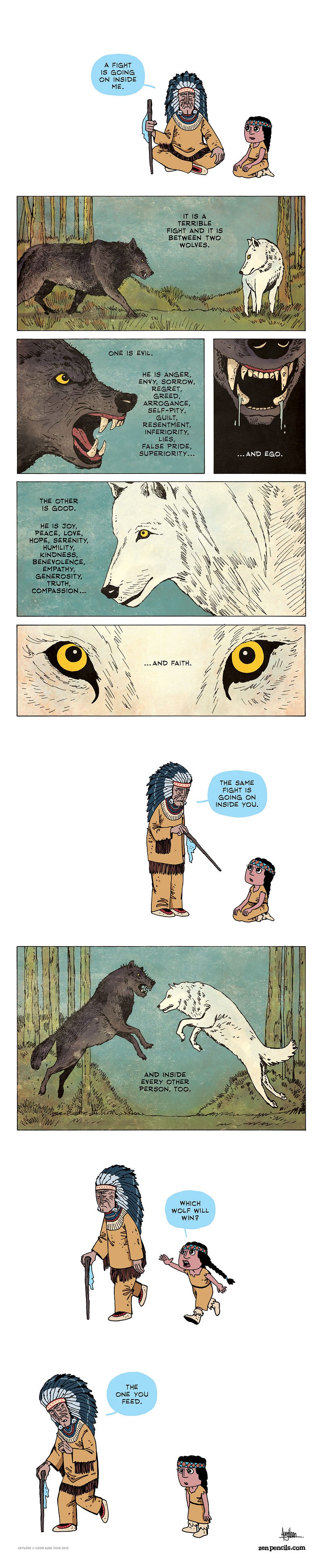 Comic strip depicting the two wolves story